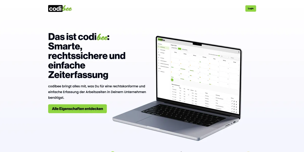Startseite von codibee: smarte, rechtssichere Zeiterfassung auf einem Laptop
